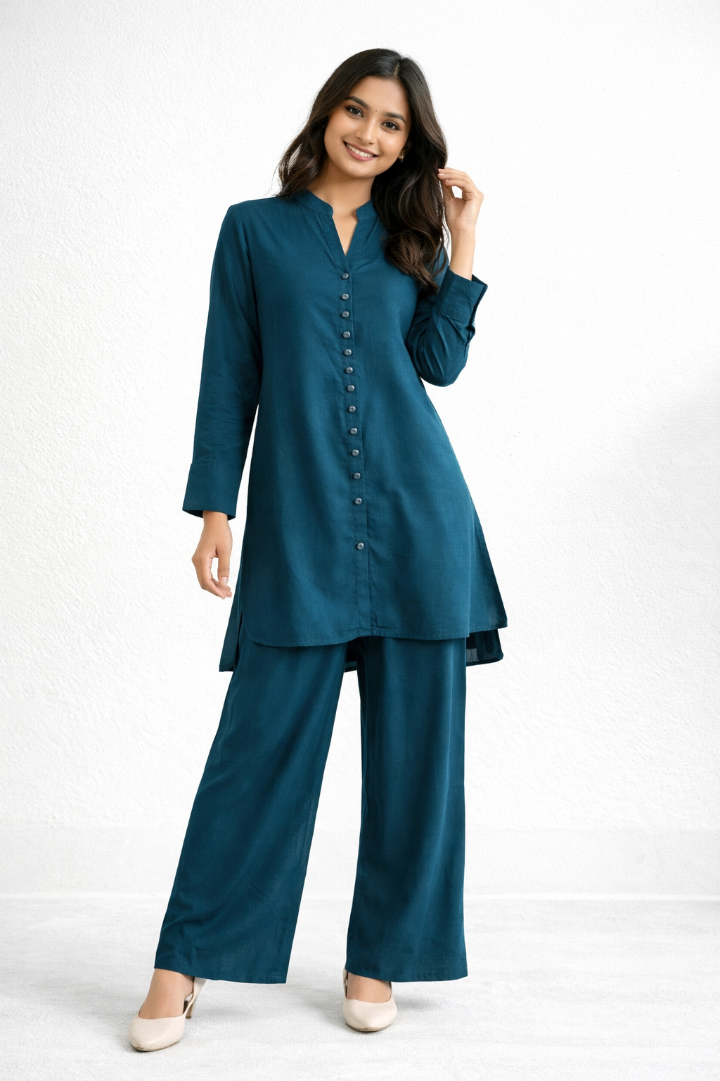 Stylish Women’s Cotton Co-ord Set (2 Pcs) – Button Detail Top & Matching Bottom - Image 2