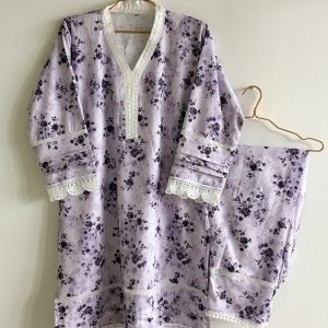 Women’s Floral Printed Cotton 2-Piece Co-ord Set with Lace Detail (Kurti & Pant)
