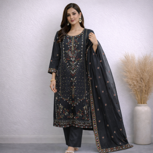 Elegant Off-White/Black Floral Embroidered Oranga Kurta Set with Dupatta
