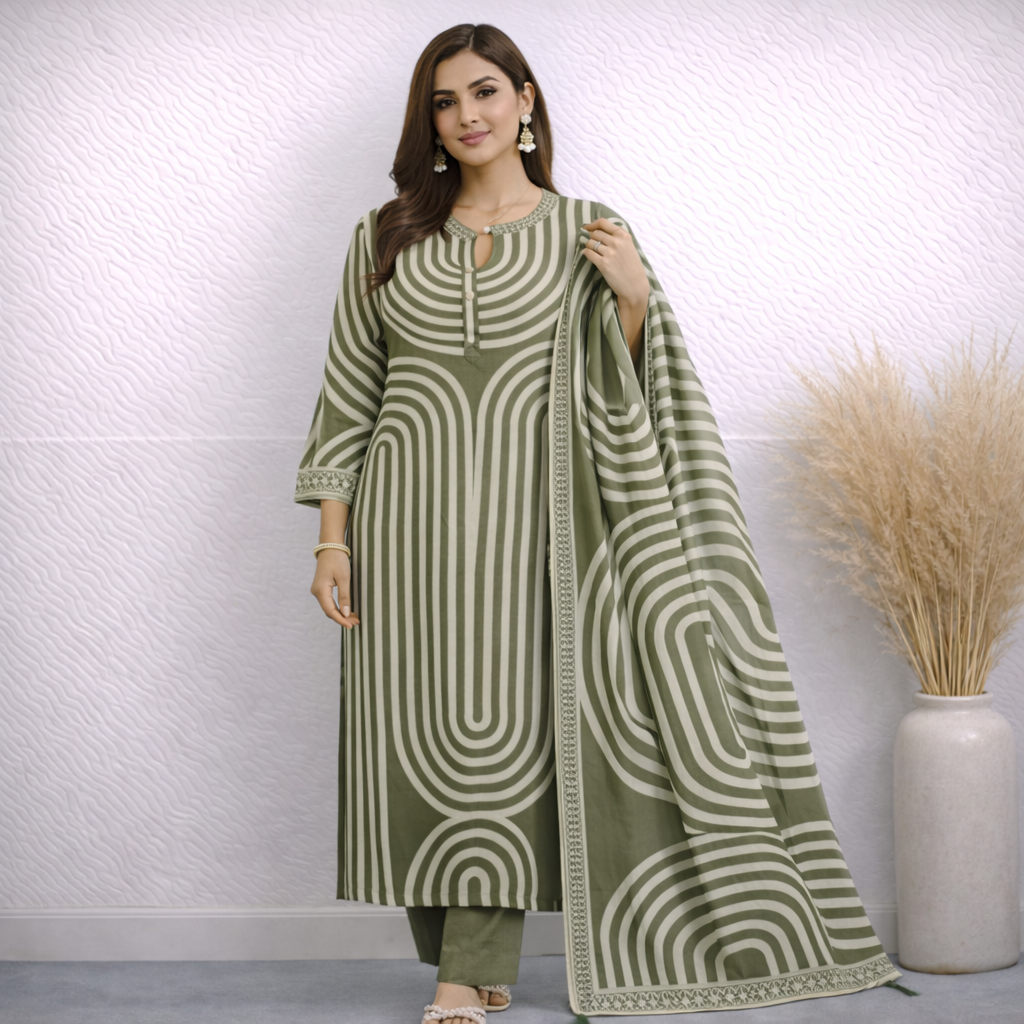 Elegant Printed 3-Piece Cotton Lawn Suit with Floral Dupatta