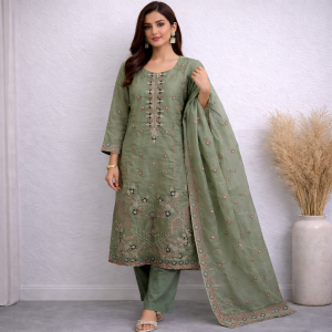 Elegant Sage Green Floral Embroidered Kurta Set with Dupatta