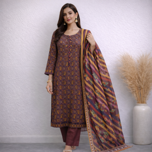 Elegant Printed 3-Piece Cotton Lawn Suit with Floral Dupatta